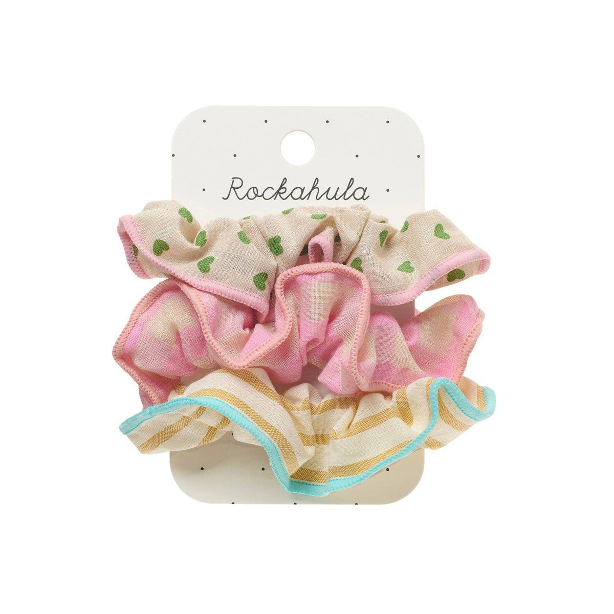 Set de trei scrunchie-uri Rockahula Pick 'n' Mix pentru păr copii, imprimeuri asortate galben, roz și verde