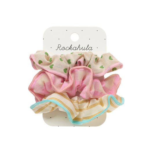 Set de trei scrunchie-uri Rockahula Pick 'n' Mix pentru păr copii, imprimeuri asortate galben, roz și verde
