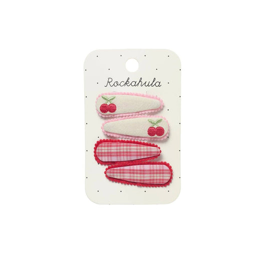 Set de patru agrafe de păr Rockahula Cherry Dreams cu cireșe și carouri roz