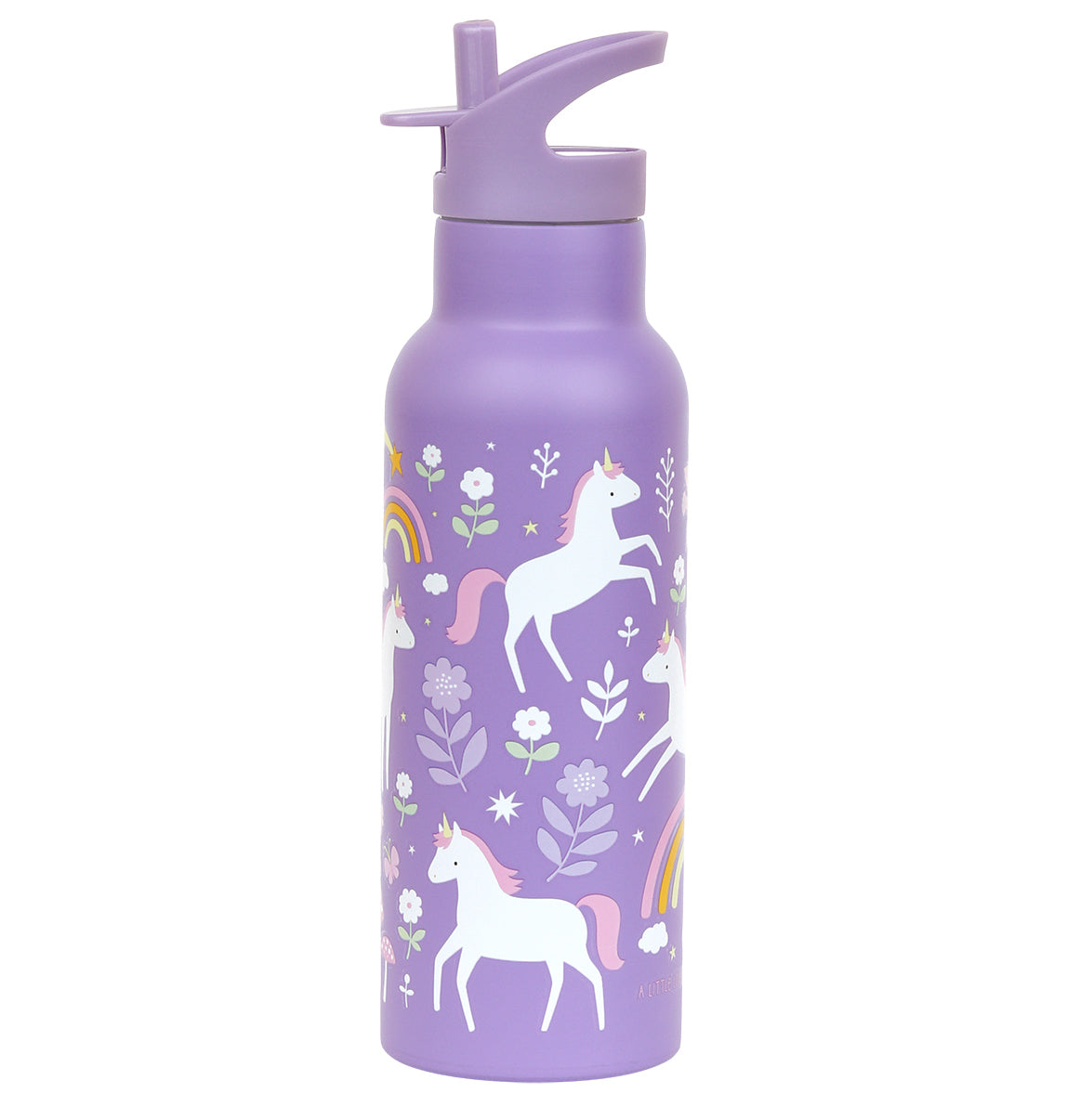 Imprimeu cu unicorni, flori și curcubee pe sticla de apă