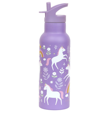 Imprimeu cu unicorni, flori și curcubee pe sticla de apă