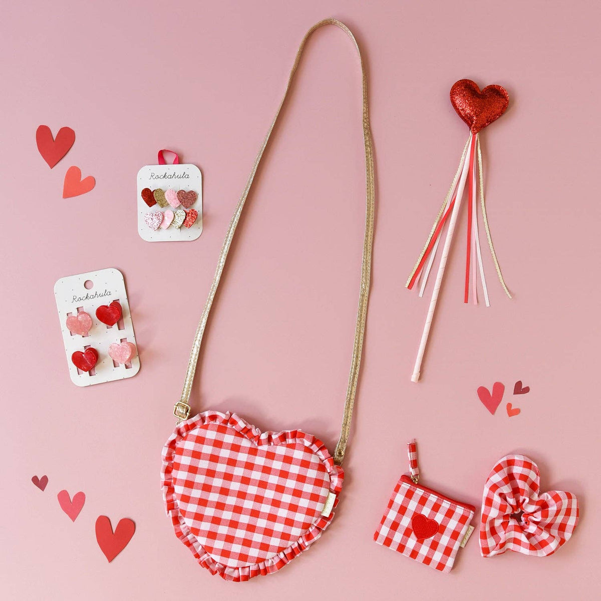 Set de patru clame de păr inimioară Rockahula Love Heart în nuanțe de roz și roșu
