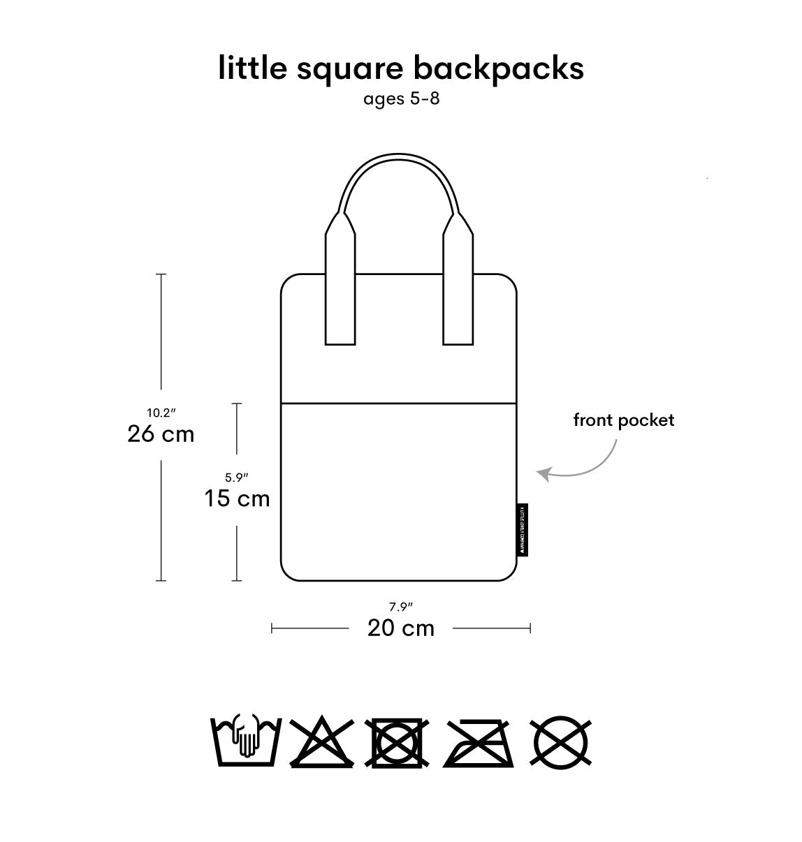 Schiță cu dimensiunile rucsacului mini pătrat